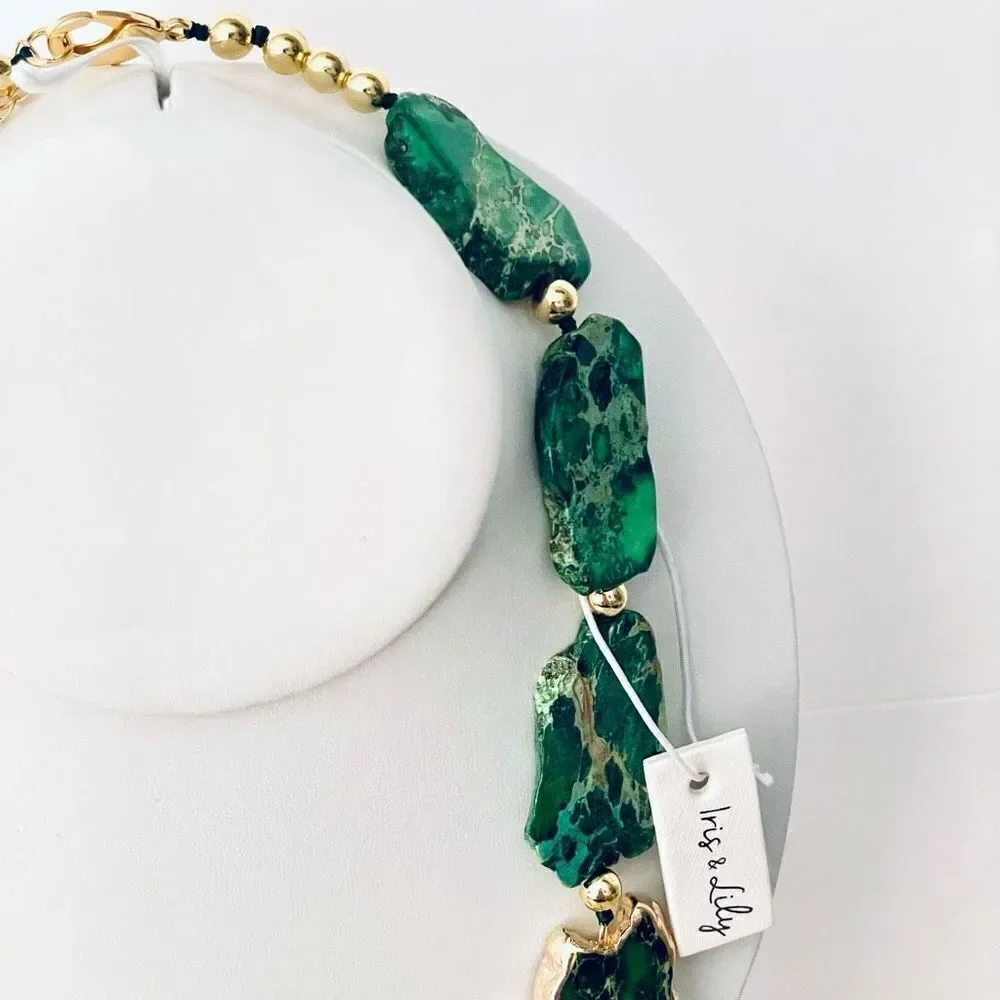 NWT Iris & Lily Gorgeous genuine Green Jasper gemstone Gold Necklace